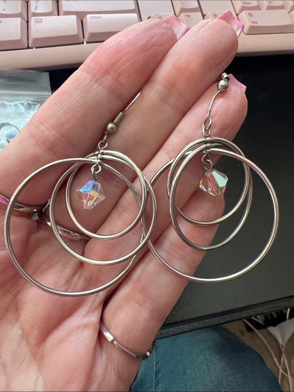 Silver Multi-Hoop Dangle Earrings with Iridescent Crystal Accent